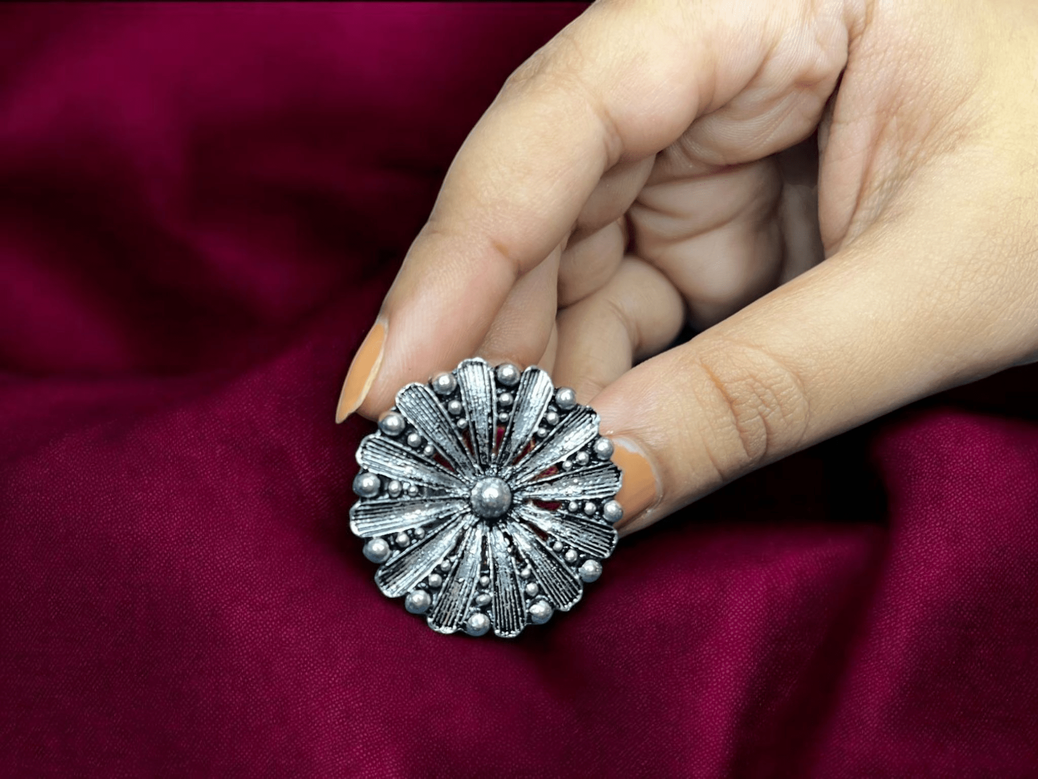 Aureli Varnika – Oxidised Floral Ring - Image 2