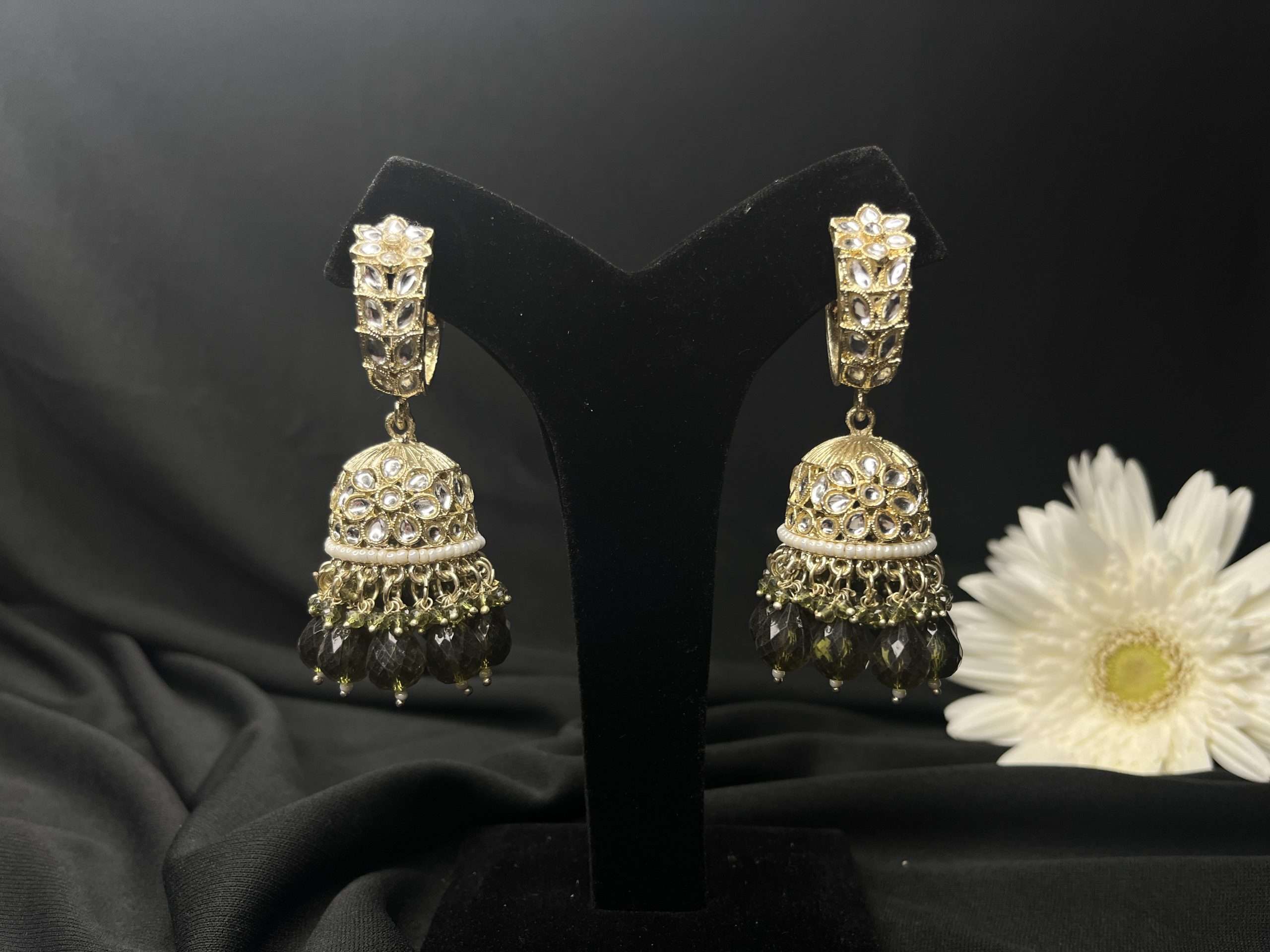 Dark Green Kundan Jhumkas – Festive Ethnic Earrings - Image 2