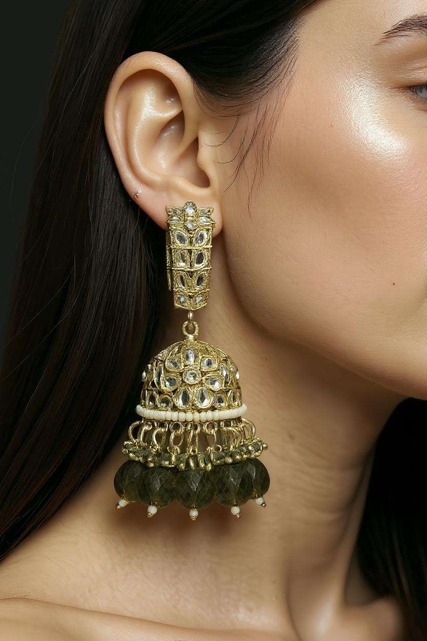 Dark Green Kundan Jhumkas – Festive Ethnic Earrings