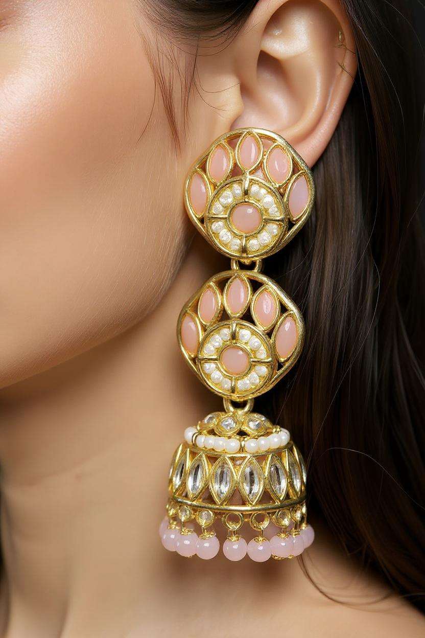 Baby Pink Kundan Jhumka Earrings – Ethnic Charm for Her