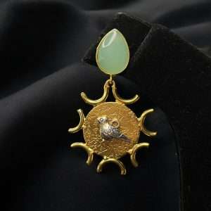 Golden Brass Earring – Silver Bird Centerpiece